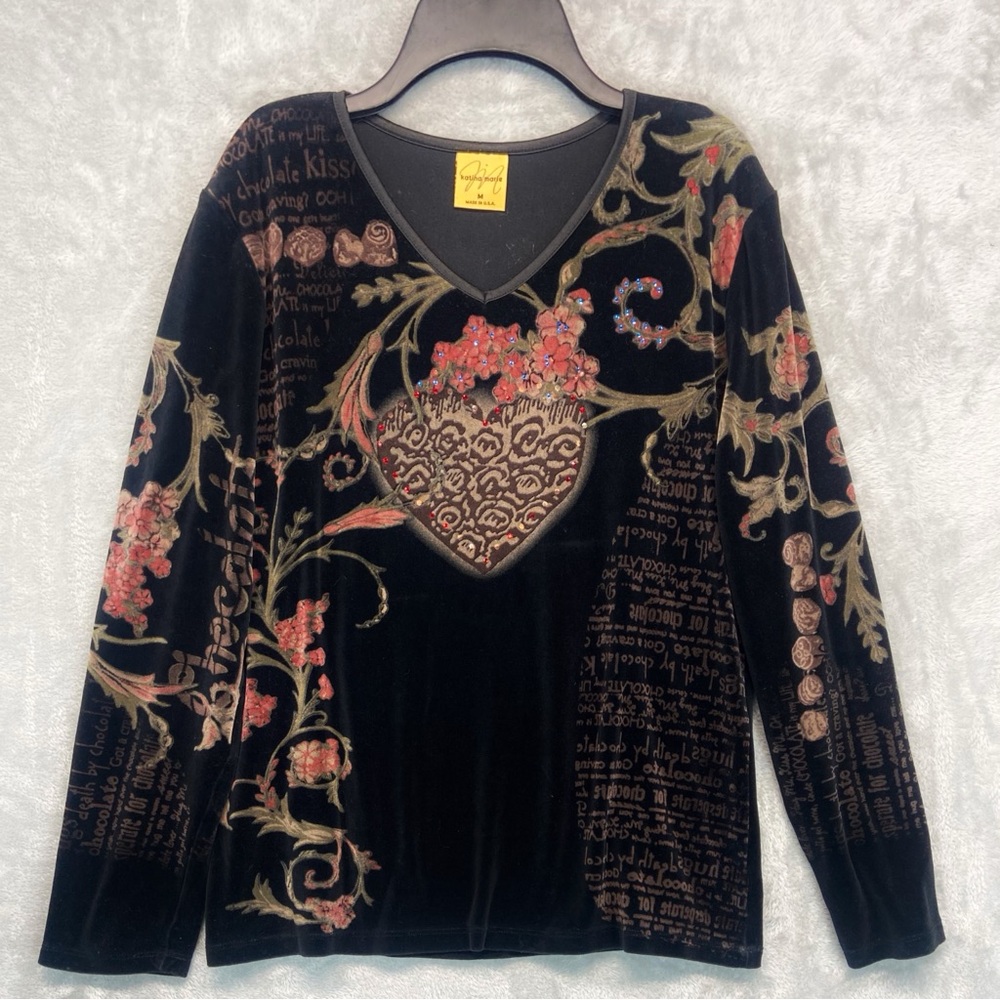 Vintage 90s Y2K Black Velvet Top  Tattoo Whimsical Witchy Ling Sleeves Shirt M